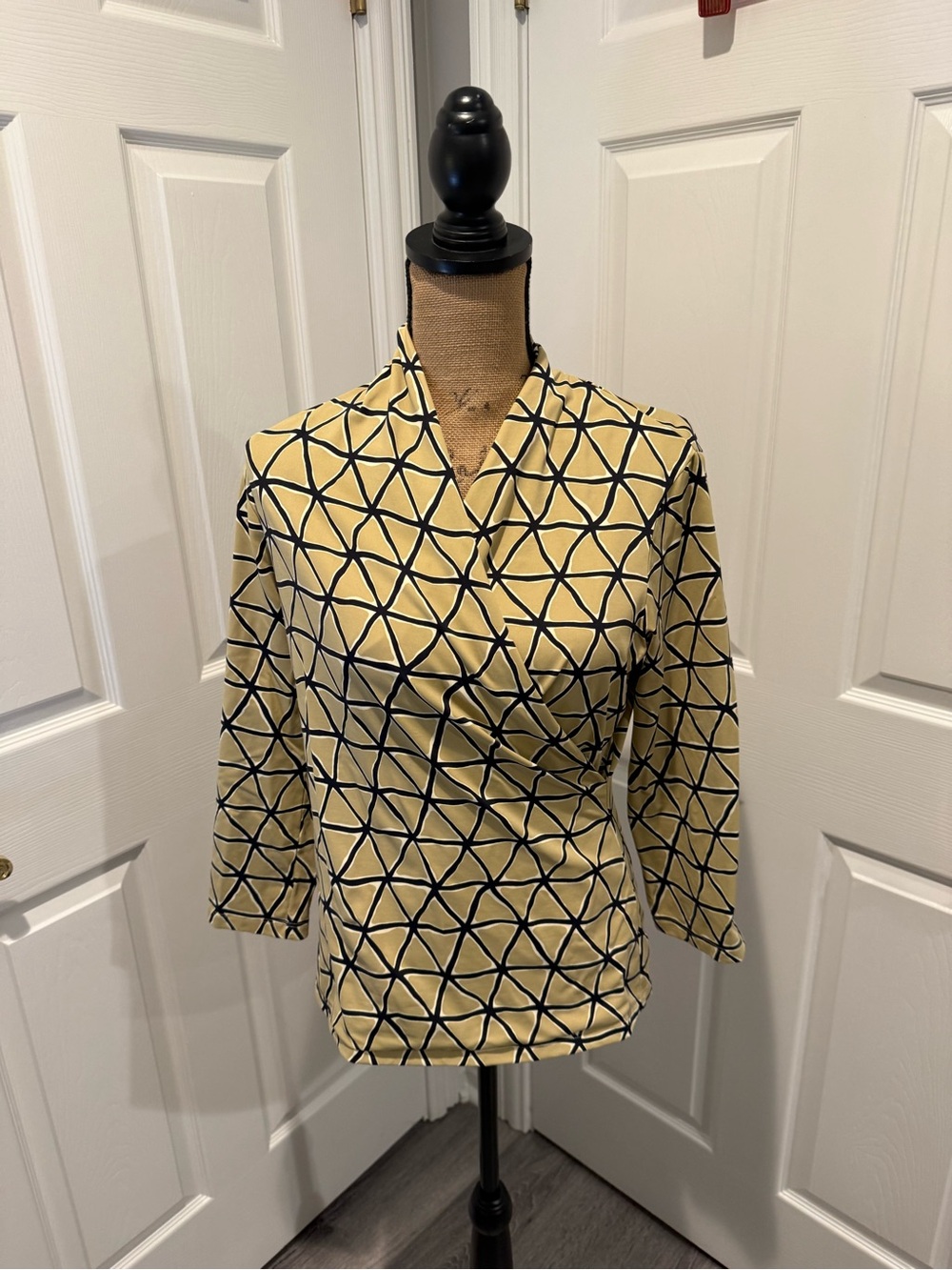 J. McLaughlin Yellow Gold and Black Geometric Wrap-Style Blouse